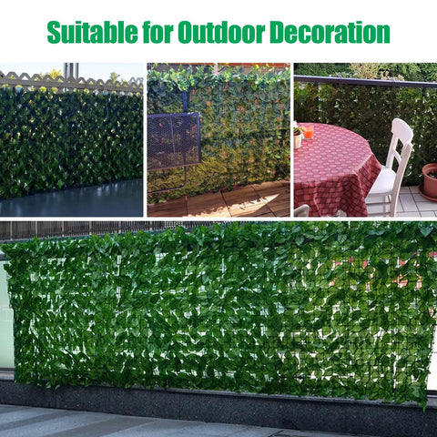 No Assembly Required Artificial Ivy Privacy Fence Screen For Outdoor Use 120 Inch By 40 Inch UV Resistant Faux Ivy Hedge displayed outdoors