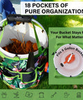 Five-Gallon Bucket Tool Organizer With 18 Pocket Garden Caddy And Hangable Handle For Easy Yard Cleanup in green on grass