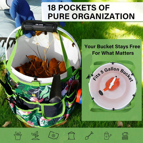 Five-Gallon Bucket Tool Organizer With 18 Pocket Garden Caddy And Hangable Handle For Easy Yard Cleanup in green on grass