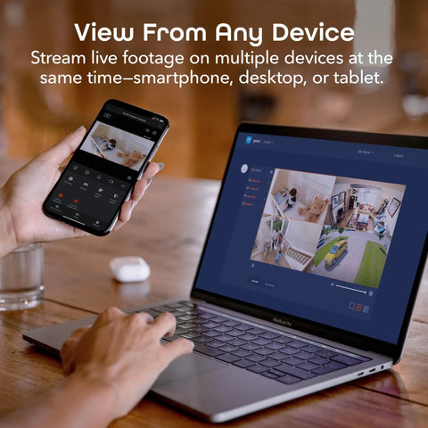 Person using laptop and smartphone to view 1080P Indoor Security Camera With WiFi For Real Time HD Video, motion alerts displayed.