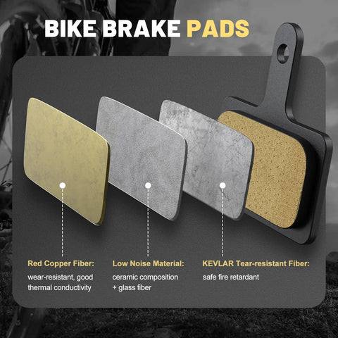 Diagram of 4 Pack Bike Brake Pads Set showing layers: copper fiber, ceramic composite, Kevlar, for universal bicycle disc pads.