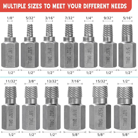 13 Piece Screw Extractor Set With Hex Head MultiSpline Easy Out Kit for stripped, broken, and rusted bolts and screws.