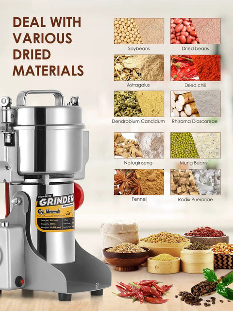 Beefed Up 700g Electric Grain Grinder Mill With Safety Lid, handling various dried materials like beans and spices, CE 110V