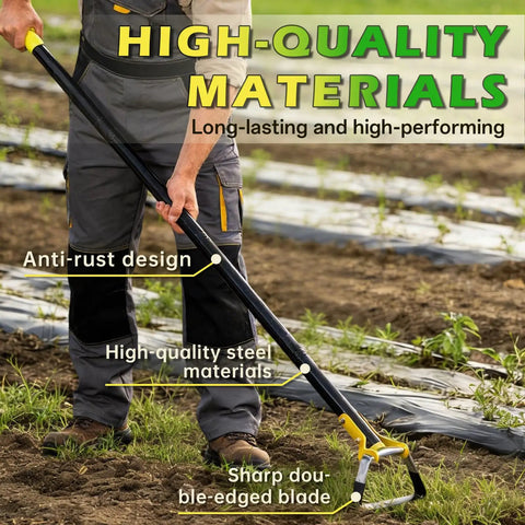 Person using Stirrup Hoe Garden Tool With Adjustable 30 To 54 Inch Handle Double Edged Scuffle Hoe For Raised Beds and Flowers.