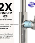 Close-up of advanced ceramic valve and steel braided hoses of the Sleek High Arc Kitchen Faucet With Pull Down Sprayer And Slick Brushed Nickel Finish.