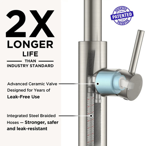 Close-up of advanced ceramic valve and steel braided hoses of the Sleek High Arc Kitchen Faucet With Pull Down Sprayer And Slick Brushed Nickel Finish.