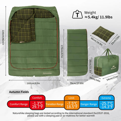 Double Wide Flannel Sleeping Bag For Two With Pillows, All Seasons Camping Gear, dimensions and weight shown