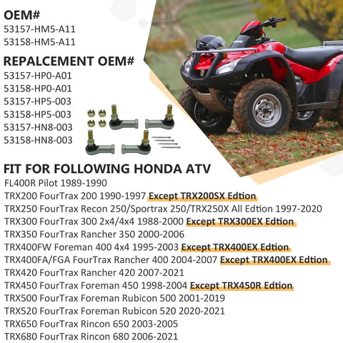 Honda Tie Rod End Kit For FourTrax Rancher Rubicon Rincon Foreman And TRX ATV Models 200 250 300 350 400 420 450 500 520 650 680 FL400 Replacement Steering Linkage four ends and hardware