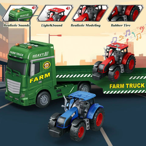 Huge 25.6 Inch 3 In 1 Farm Truck Toy Set For Kids Ages 3 To 6 With Inertia Semi Trailer Lights And Sounds, showing tractors