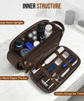 Inner view of Top Tier PU Leather Toiletry Bag For Men In Dark Brown with organized grooming supplies and elastic straps.