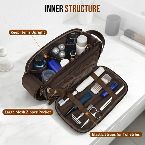 Inner view of Top Tier PU Leather Toiletry Bag For Men In Dark Brown with organized grooming supplies and elastic straps.