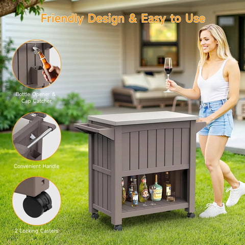 120 Quart Outdoor Rolling Cooler With Wheels Bottle Opener And Built In Shelves Stainless Steel Lid Backyard Ice Chest For BBQs Camping And Parties Light Brown with drain rack showing bottle and cap catcher.