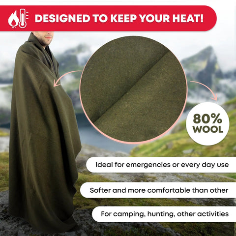 Olive Drab Green Fire Retardant Wool Blanket 66 By 90 Inch Beefy Heavy Duty Military Style 80 Percent Wool 2 Pack outdoors use