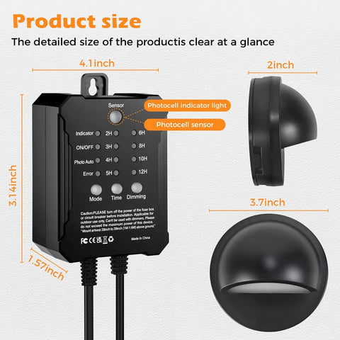 Low Voltage LED Deck Lights Kit With Transformer Timer And Photocell Sensor showing dimensions and photocell sensor detail