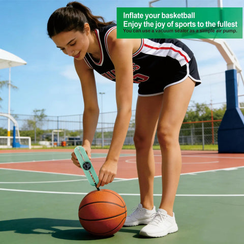 Woman on basketball court using Three In One Handy Handheld Vacuum Sealer For Bags And Jars With Food Grade Seal Includes Ten Food Safe Bags Easy Switch Between Vacuum And Inflation Quick No Fuss White Unit For Storing Fresh And Inflating Swim Rings And Balls to inflate a basketball.