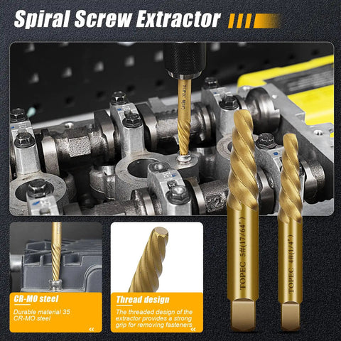 Premium 13 Piece Screw Extractor Set For Damaged Stripped Screws With HSS 6542 Titanium Gold Coated Bits shown in use