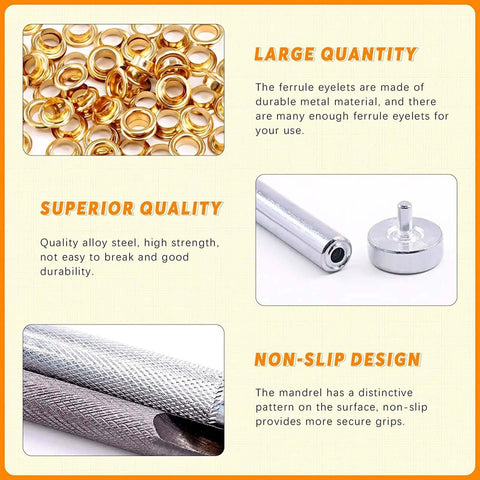 Close-up of 200 Piece Thickened Grommet Eyelets Kit 5/16 Inch With 4 Piece Installing Tool And Washers in gold