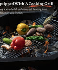 35 Inch Octagonal Wood Burning Fire Pit With Rectangular Cooking Grill 26 Inch Long And 10 Inch Wide shown with vegetables and meat grilling