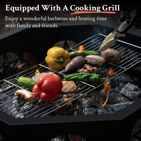35 Inch Octagonal Wood Burning Fire Pit With Rectangular Cooking Grill 26 Inch Long And 10 Inch Wide shown with vegetables and meat grilling