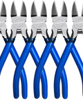 Five Pack 6.5 Inch Wire Cutters Set Ultra Sharp Flush Diagonal Cutters With Spring Loaded Returns featuring blue handles.