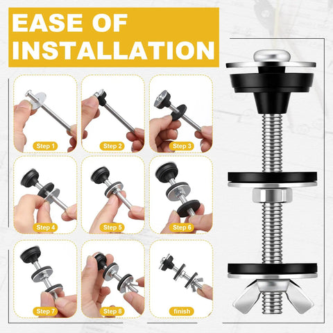 Ease of installation steps for Heavy Duty Universal Toilet Tank To Bowl Bolt Kit 12 Piece Bulk Set with stainless steel parts.