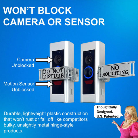 Universal No Soliciting Doorbell Cover That Blocks The Button And Lets You Rotate Do Not Disturb Sign To Stop Ringing For Sleep Work From Home Naps And Quiet Moments Without Interruptions. silver plastic doorbell cover with rotating do not disturb sign