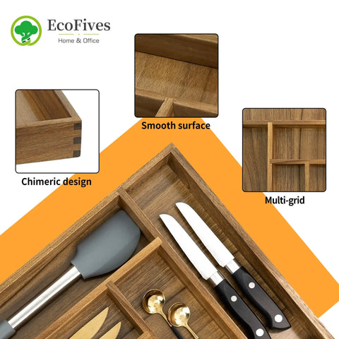 Acacia Kitchen Drawer Organizer With Grooved Dividers, 6 Slot Silverware And Utensil Tray highlighting multi-grid design