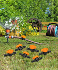 12 Pack Drip Irrigation Barbed Shut Off Valves For 1/2 Inch Tubing in garden setting with hose and sprinkler