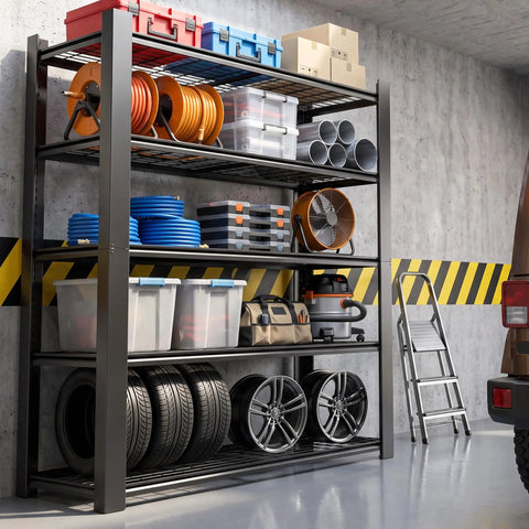 No Fuss Heavy Duty Five Tier Garage Shelving Unit Built Like A Tank Steel Storage Rack 72 X 48 X 24 Inches with tools and tires organized.