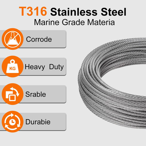 One Eighth Inch Marine Grade Stainless Steel Cable 100 Feet Seven By Seven Strand With Loop Sleeve And Steel Thimble Built To Last