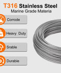 Close-up of Heavy Duty 1/8 Inch Wire Cable Kit with 100 Feet of Marine Grade 316 Steel Rope highlighting corrosion resistance