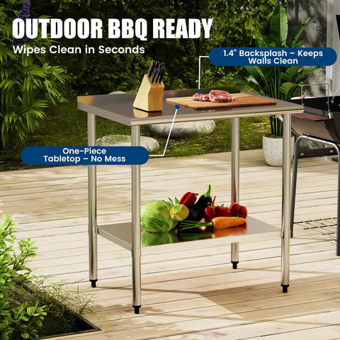 Stainless Steel Prep Table 24x36 Inch With Adjustable Undershelf And Backsplash Built To Last Heavy Duty Commercial Kitchen Work Table For Restaurant Garage And Outdoor Use NSF Certified And Rust Resistant shown outdoors with vegetables.