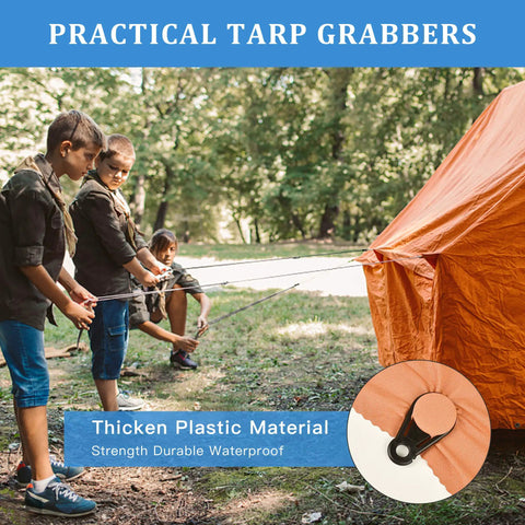 Children setting up a tent using 20 Pack Movable Tarp Clips For Outdoor Camping And Tent Setups, Waterproof Plastic Tarpaulin Clips.