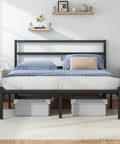 Solid As A Rock Full Size Metal Platform Bed Frame With Headboard And Footboard Featuring Steel Slats For Ultra Comfy Mattress Support No Box Spring Needed, shown in a modern bedroom setting.