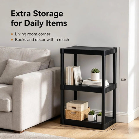 Tough As Nails 3 Tier Plastic Storage Shelves in living room, freestanding black organizer holding books and decor.