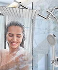 Mega Wide Rain Shower Head Combo With 11 Inch Extension Arm And 12 Inch Face in use with handheld spray and chrome finish