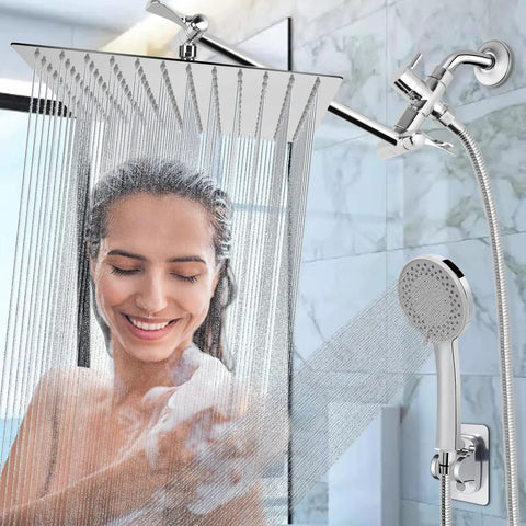 Mega Wide Rain Shower Head Combo With 11 Inch Extension Arm And 12 Inch Face in use with handheld spray and chrome finish
