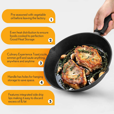 Person holding Three-Piece Cast Iron Skillet Set With 6 Inch, 8 Inch, And 10 Inch Pans Includes Cleaning Scraper And Dish Sponge