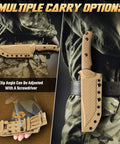 Beefy Fixed Blade Survival Knife With Khaki Full Tang Handle And Adjustable Sheath on camouflage belt