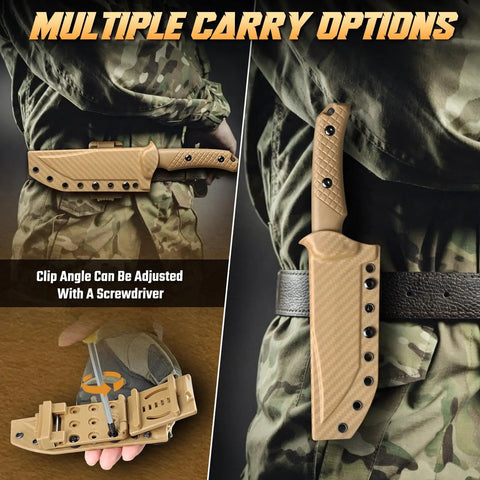 Beefy Fixed Blade Survival Knife With Khaki Full Tang Handle And Adjustable Sheath on camouflage belt
