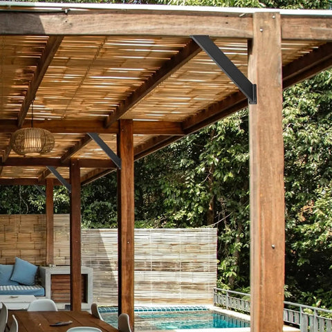 Pergola with beefy heavy duty 45 degree corner braces for post and beam wood frame DIY connector inside mount 12 pack.