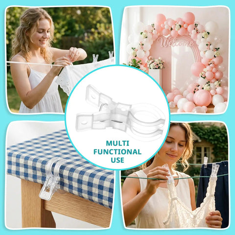 30 Pack Must Have Balloon Arch Clips Clear Plastic Spring Clamps with multifunctional use for backdrops, crafts, and laundry.