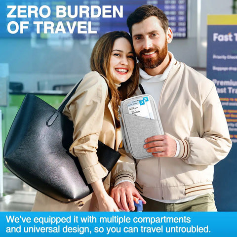 Couple holding Go-To Passport Wallet With RFID Blocking, Waterproof Travel Organizer at airport, smiling, travel ready