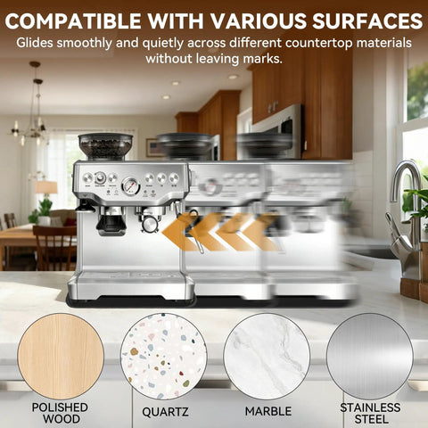 Ultimate Espresso Machine Slider Compatible With Breville 870XL on polished wood, quartz, marble surfaces in kitchen.
