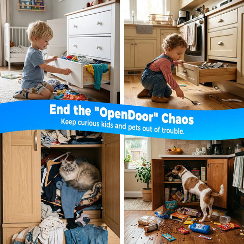 4 Pair Whole House Magnetic Cabinet Door Catch Latches No Drill Adhesive Rust Proof Stainless Steel Silent Closure in use to prevent kids and pets access