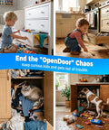 Children and pets opening drawers and cabinets in a home, highlighting the need for a Heavy Duty Magnetic Door Catch Set For Sliding Doors And Large Wardrobes, Ultra Thin Adhesive Cabinet Magnets, Rustproof Stainless Steel Latches, No Drill Peel And Stick Mount, Silent Closure For Pantry And Closet Doors.