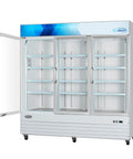 Heavy Duty Triple Glass Door Upright Freezer Merchandiser In Crisp White 52 Cubic Feet Commercial Display Cooler with open doors.