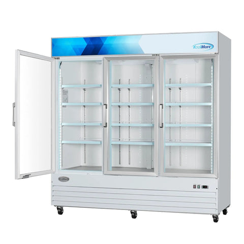 Heavy Duty Triple Glass Door Upright Freezer Merchandiser In Crisp White 52 Cubic Feet Commercial Display Cooler with open doors.