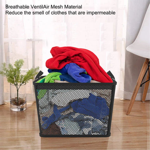 Ultra Large 58.4L Collapsible Laundry Basket With Waterproof PEVA Liner filled with colorful clothes in mesh material.
