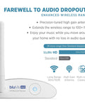 Close-up of Long Range Bluetooth 5.3 Music Receiver with high gain antenna and range details.